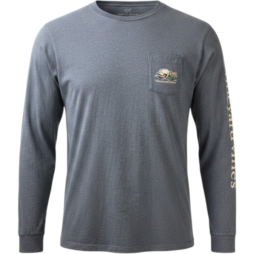 Vineyard Vines Mens Skiing Whale Graphic Long Sleeve Pocket T-Shirt Blue Gray‎ M